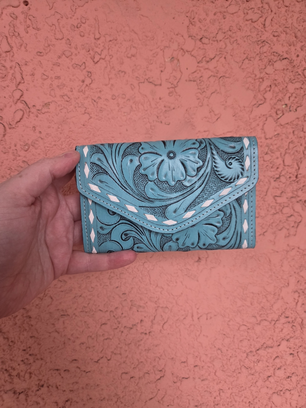 Turquoise Floral Tooled Leather Wallet